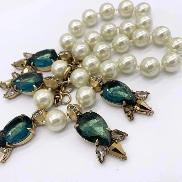J. Crew Blue/Green Teardrop Gems and Jumbo Pearl Necklace